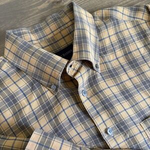 Scott Barber Men's Large Yellow Blue Plaid Linen Long Sleeve Button Down Shirt